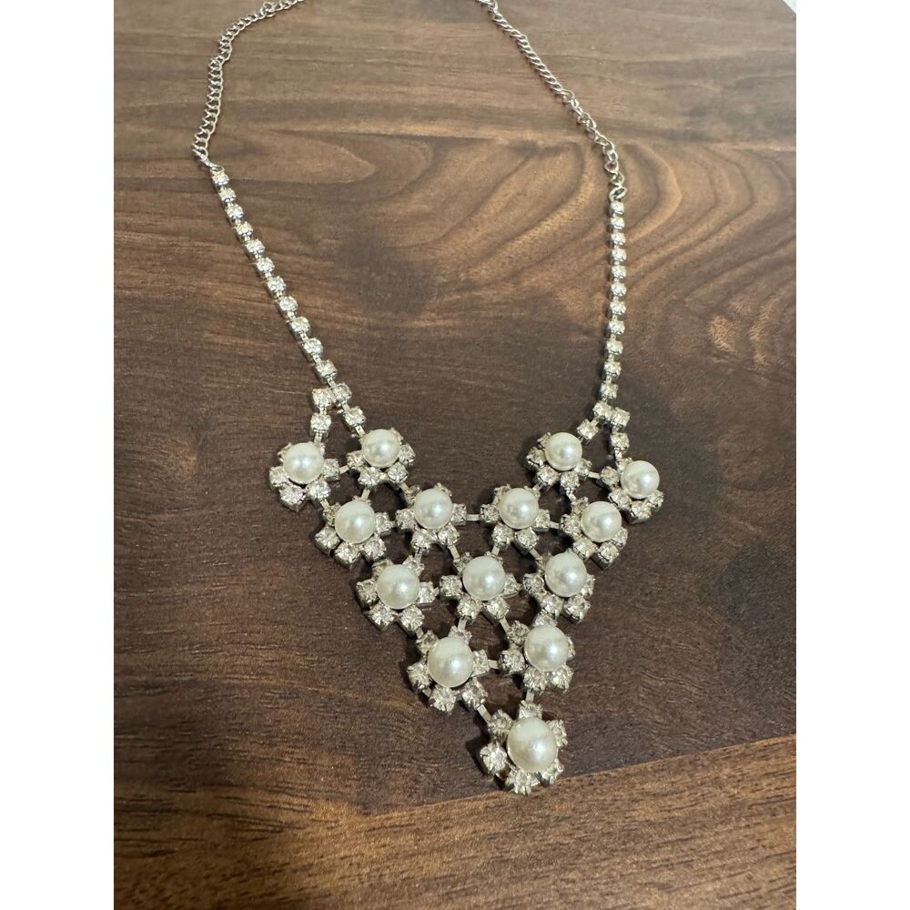 Vintage Faux Pearl Rhinestone Bib Statement Necklace Silver Tone